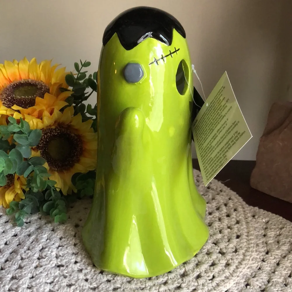 Green Ceramic Halloween Frankenstein Decoration - LED Lighted Decor
